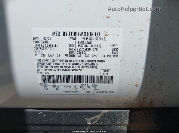 1FMSK7FH5MGB20751 2021 FORD EXPLORER White Widok komory silnika