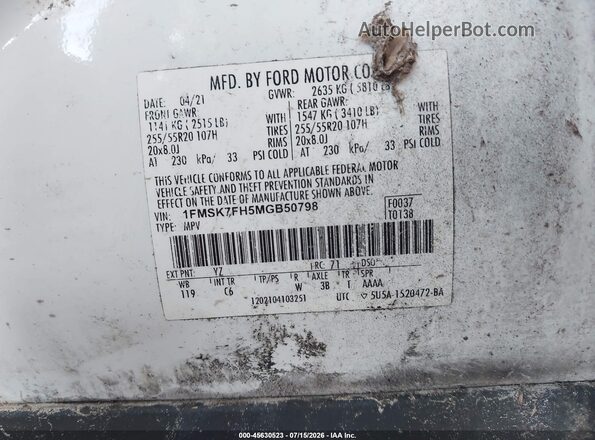 1FMSK7FH5MGB50798 2021 FORD EXPLORER Белый Вид подкапотного пространства