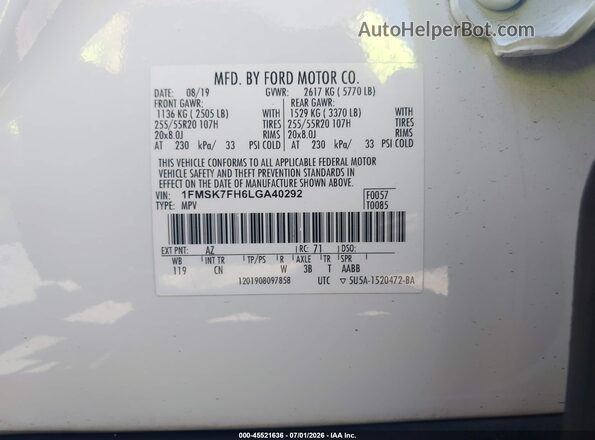1FMSK7FH6LGA40292 2020 FORD EXPLORER White Widok komory silnika