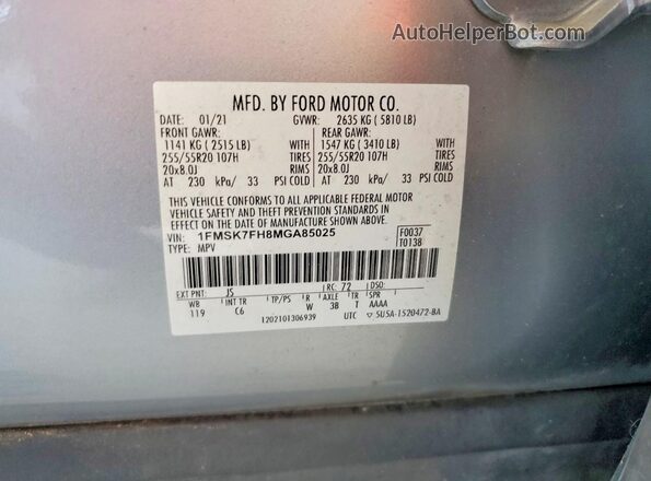 1FMSK7FH8MGA85025 2021 FORD EXPLORER Silver Vista del compartimento del motor