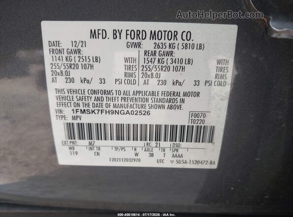 1FMSK7FH9NGA02526 2022 FORD EXPLORER Gray Շարժիչի բաժամունքի տեսք