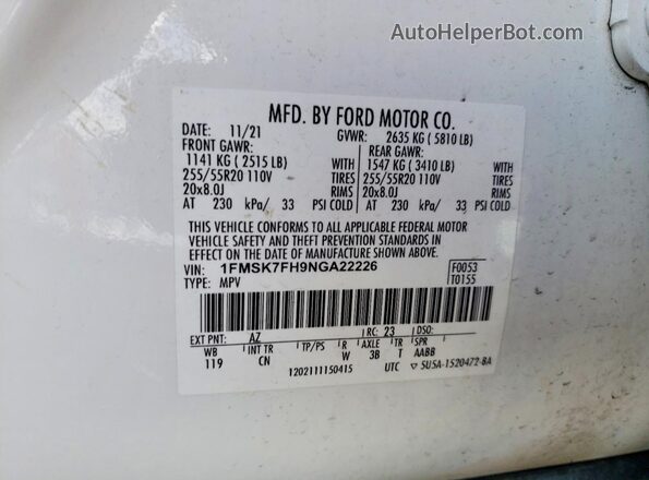 1FMSK7FH9NGA22226 2022 FORD EXPLORER White სალონის 360-გრადუსიანი ხედი