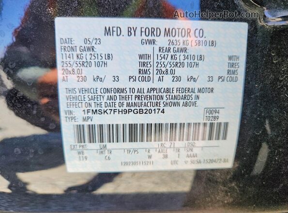 1FMSK7FH9PGB20174 2023 FORD EXPLORER Black Vista de la etiqueta del VIN