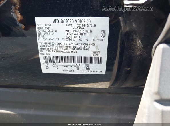 1FMSK8BB0LGC68604 2020 FORD EXPLORER Black ძრავის განყოფილების ხედი