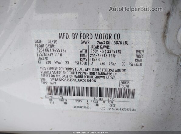 1FMSK8BB1LGC68496 2020 FORD EXPLORER White Engine compartment view