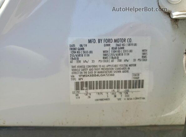 1FMSK8BB4LGA72360 2020 FORD EXPLORER White VIN კოდის სტიკერის ხედი