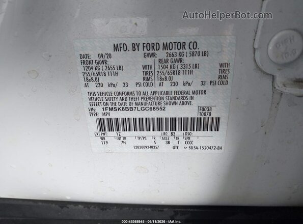 1FMSK8BB7LGC68552 2020 FORD EXPLORER White Вид підкапотного простору