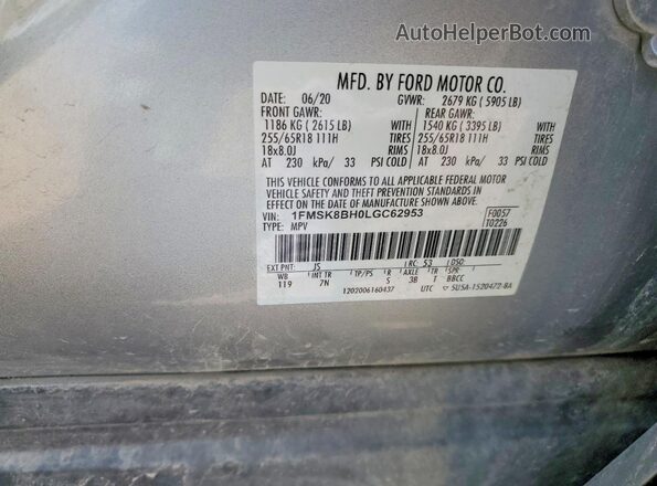 1FMSK8BH0LGC62953 2020 FORD EXPLORER Silver Engine compartment view