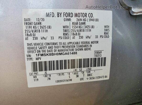 1FMSK8BH0MGA61488 2021 FORD EXPLORER Silver Widok naklejki z numerem VIN