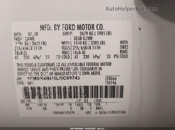 1FMSK8BH8LGC68743 2020 FORD EXPLORER White Widok komory silnika