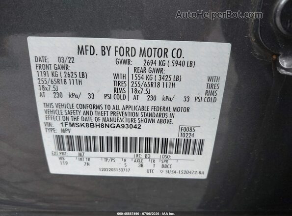 1FMSK8BH8NGA93042 2022 FORD EXPLORER Gray Widok komory silnika