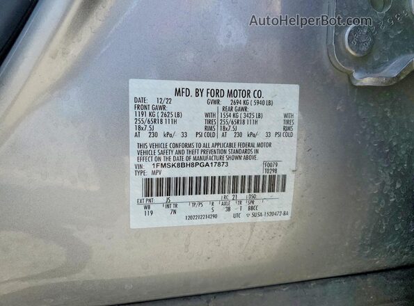 1FMSK8BH8PGA17873 2023 FORD EXPLORER Silver Widok naklejki z numerem VIN
