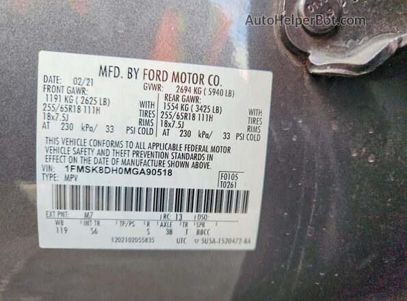 1FMSK8DH0MGA90518 2021 FORD EXPLORER Gray Панорамний вид салону 360°