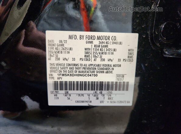 1FMSK8DH0NGC04700 2022 FORD EXPLORER Black VIN կոդի պիտակի տեսք