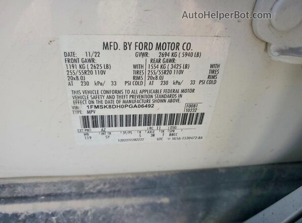 1FMSK8DH0PGA06492 2023 FORD EXPLORER White Vista de la etiqueta del VIN