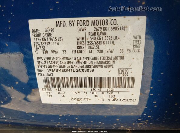1FMSK8DH1LGC08039 2020 FORD EXPLORER Blue Вид підкапотного простору