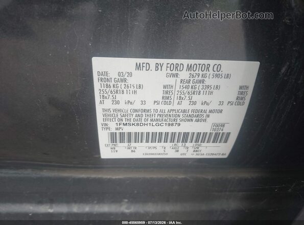 1FMSK8DH1LGC19879 2020 FORD EXPLORER Black ძრავის განყოფილების ხედი