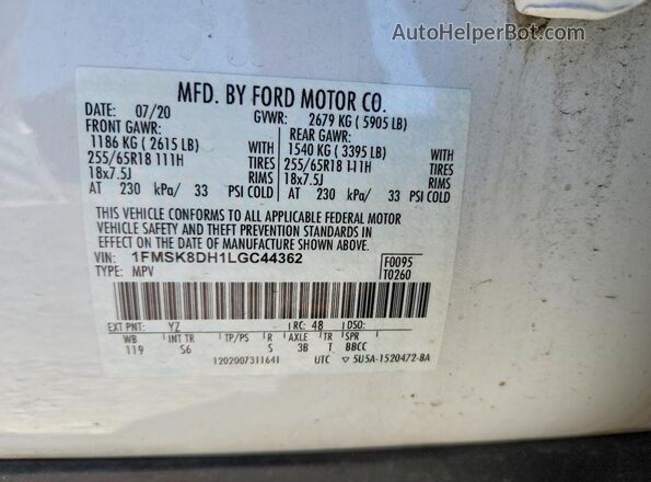 1FMSK8DH1LGC44362 2020 FORD EXPLORER White Панорамний вид салону 360°