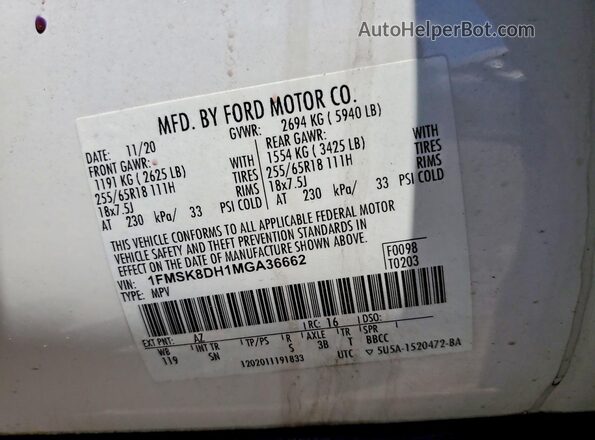 1FMSK8DH1MGA36662 2021 FORD EXPLORER White VIN sticker view