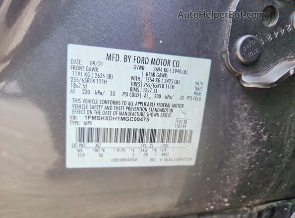 1FMSK8DH1MGC00475 2021 FORD EXPLORER Gray VIN sticker view