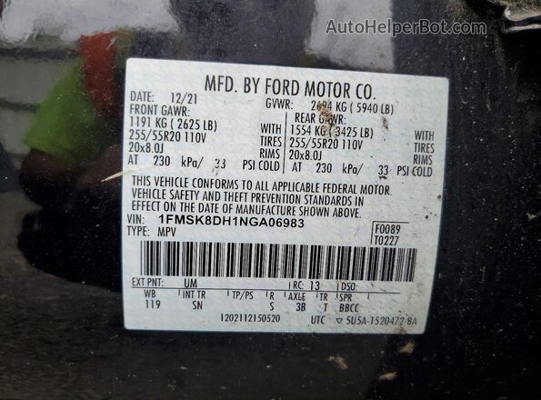 1FMSK8DH1NGA06983 2022 FORD EXPLORER Black Widok naklejki z numerem VIN