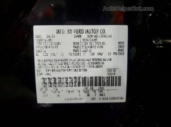 1FMSK8DH1PGA95599 2023 FORD EXPLORER Черный Вид наклейки с VIN-кодом