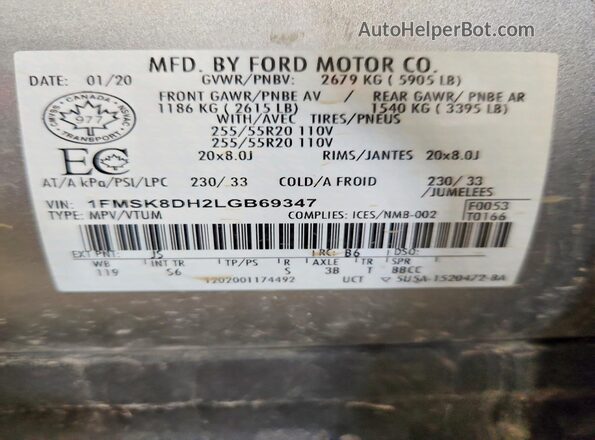 1FMSK8DH2LGB69347 2020 FORD EXPLORER Silver 360 interior view