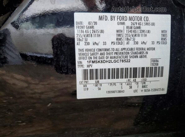 1FMSK8DH2LGC78522 2020 FORD EXPLORER Black Widok naklejki z numerem VIN