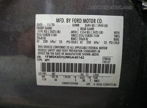 1FMSK8DH2MGA48142 2021 FORD EXPLORER Gray VIN կոդի պիտակի տեսք
