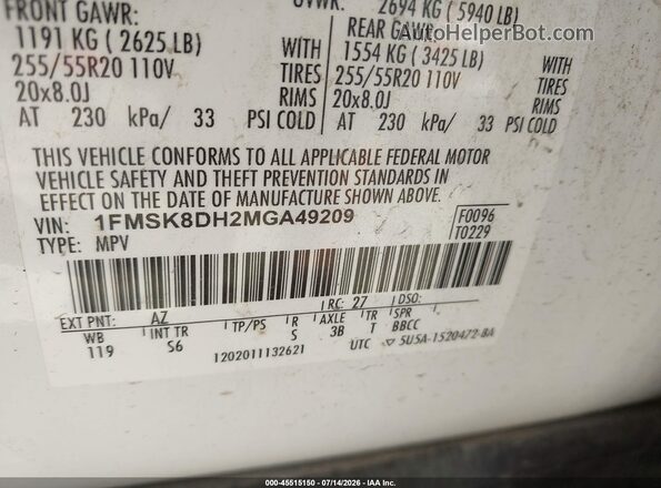 1FMSK8DH2MGA49209 2021 FORD EXPLORER White Widok komory silnika
