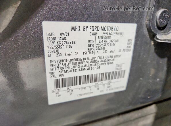 1FMSK8DH2MGB98526 2021 FORD EXPLORER Gray Вид наклейки з VIN-кодом