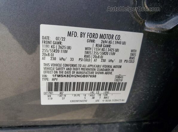 1FMSK8DH2NGB97698 2022 FORD EXPLORER Gray VIN կոդի պիտակի տեսք