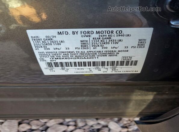 1FMSK8DH2RGA42011 2024 FORD EXPLORER Gray Vista del compartimento del motor