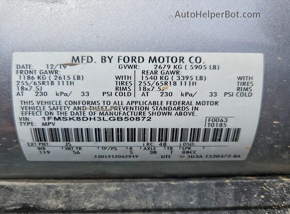 1FMSK8DH3LGB50872 2020 FORD EXPLORER Серебряный Вид наклейки с VIN-кодом