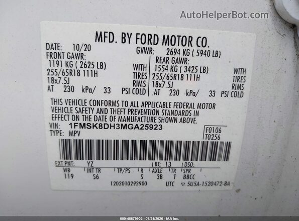 1FMSK8DH3MGA25923 2021 FORD EXPLORER White Widok komory silnika