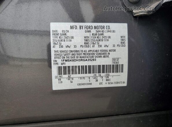 1FMSK8DH3RGA35293 2024 FORD EXPLORER Серый Панорамный вид салона 360°