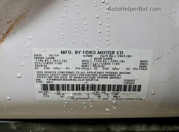 1FMSK8DH4LGA90214 2020 FORD EXPLORER White Vista de la etiqueta del VIN