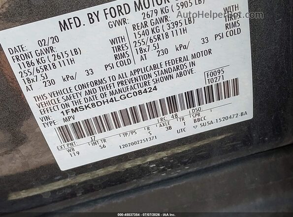 1FMSK8DH4LGC08424 2020 FORD EXPLORER Gray Շարժիչի բաժամունքի տեսք