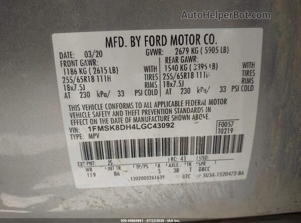 1FMSK8DH4LGC43092 2020 FORD EXPLORER Silver Vista del compartimento del motor