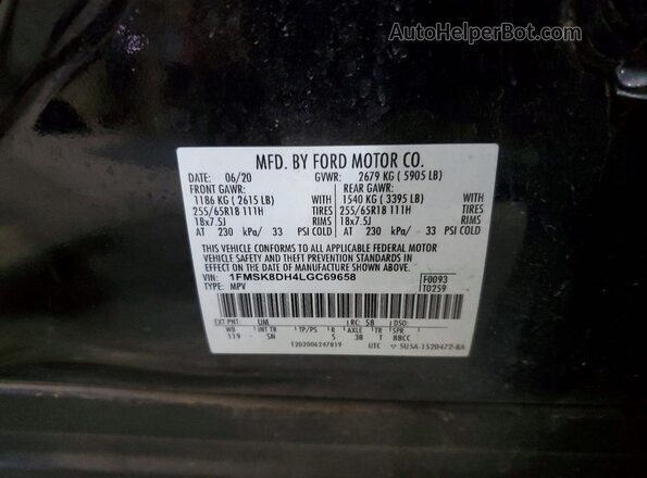 1FMSK8DH4LGC69658 2020 FORD EXPLORER Black Vista de la etiqueta del VIN