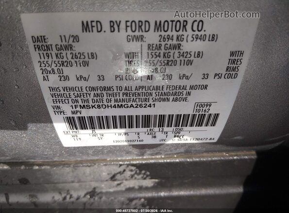 1FMSK8DH4MGA26241 2021 FORD EXPLORER Gray Շարժիչի բաժամունքի տեսք