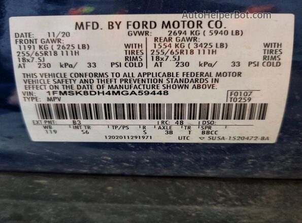 1FMSK8DH4MGA59448 2021 FORD EXPLORER Blue VIN კოდის სტიკერის ხედი