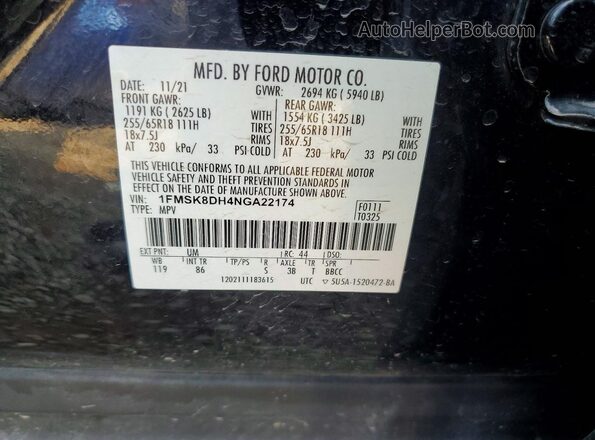 1FMSK8DH4NGA22174 2022 FORD EXPLORER Black VIN sticker view