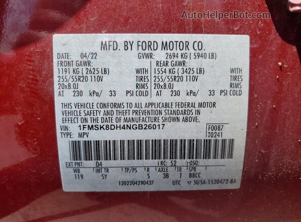 1FMSK8DH4NGB26017 2022 FORD EXPLORER Red Vista de la etiqueta del VIN