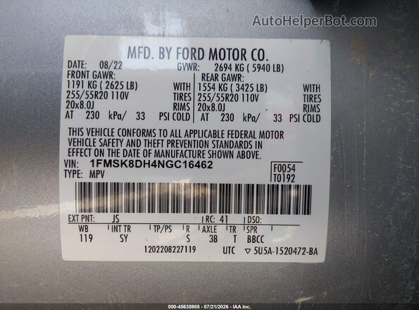 1FMSK8DH4NGC16462 2022 FORD EXPLORER Серебряный Вид подкапотного пространства