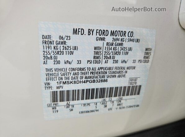 1FMSK8DH4PGB32886 2023 FORD EXPLORER White Вид наклейки з VIN-кодом
