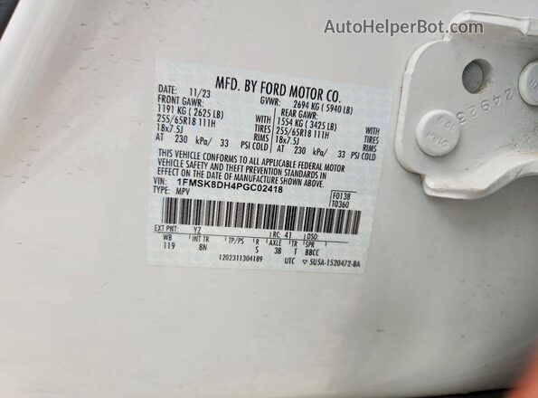 1FMSK8DH4PGC02418 2023 FORD EXPLORER White Вид наклейки з VIN-кодом