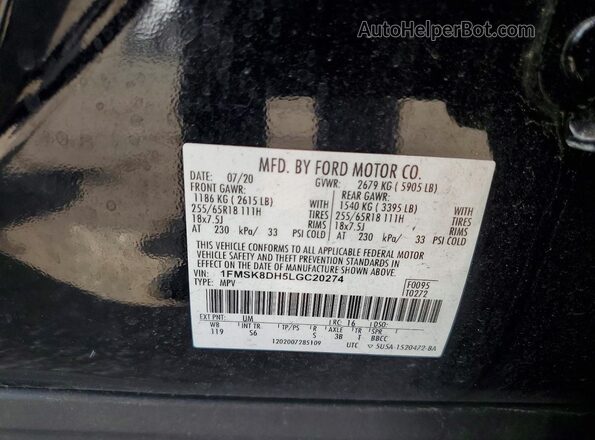 1FMSK8DH5LGC20274 2020 FORD EXPLORER Black VIN կոդի պիտակի տեսք