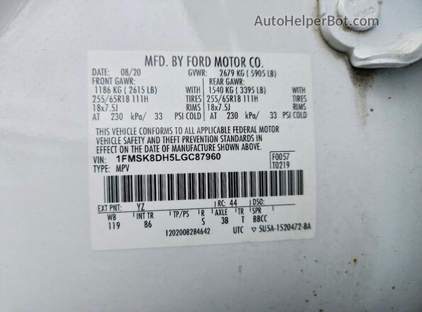 1FMSK8DH5LGC87960 2020 FORD EXPLORER White Vista interior de 360 grados