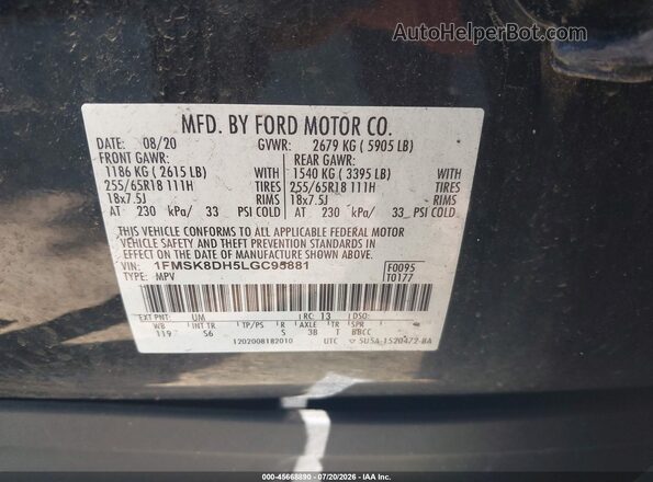 1FMSK8DH5LGC95881 2020 FORD EXPLORER Black Vista del compartimento del motor